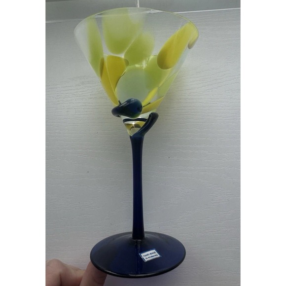 Hand Made In Romania Art Glass Martini Glass 7.5" Yellow Blue Swirl Stem - Picture 9 of 10